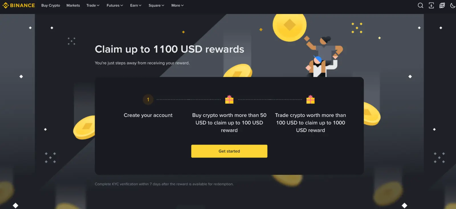 Separate Binance Referral Lite page advertising task-based rewards worth up to 1100 dollars